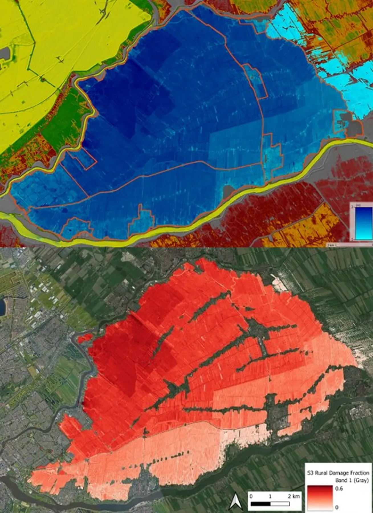 Satellite-derived flood hazard and rural damage-fraction maps used to quantify flood exposure across a catchment.
