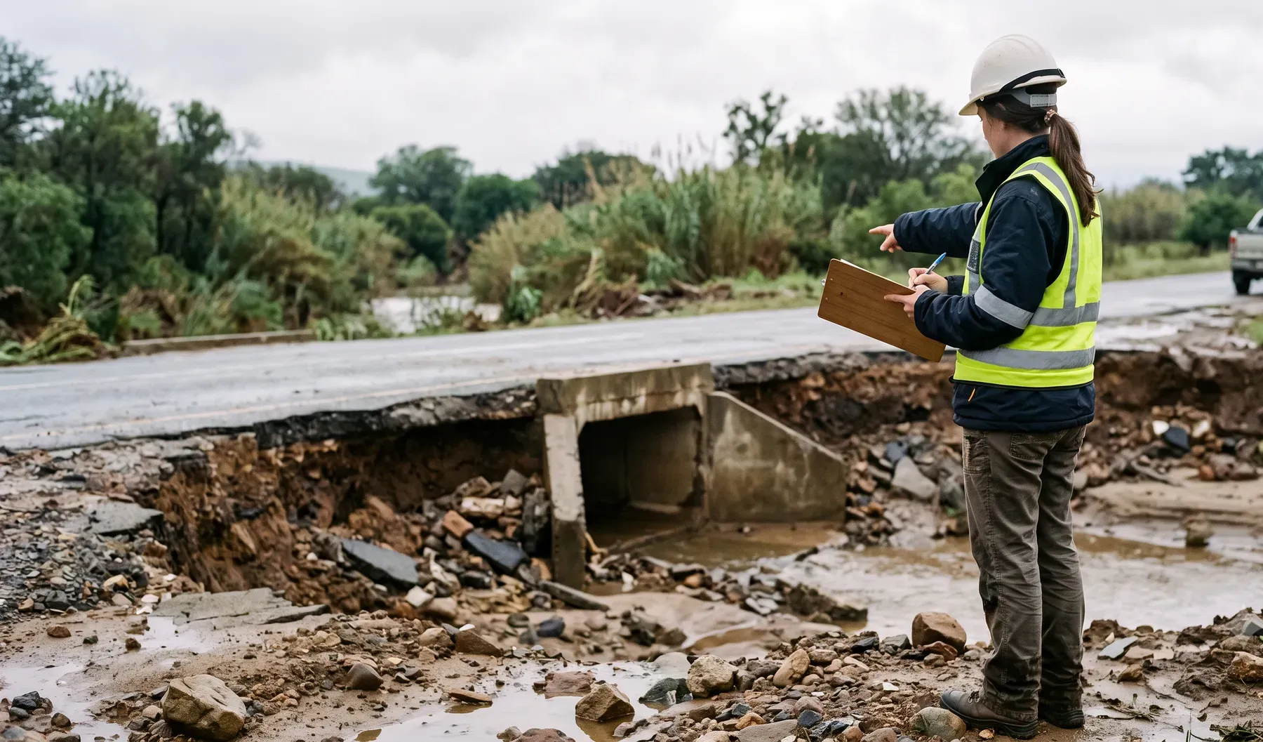 Flood-damaged infrastructure with scour along a road edge and channel.