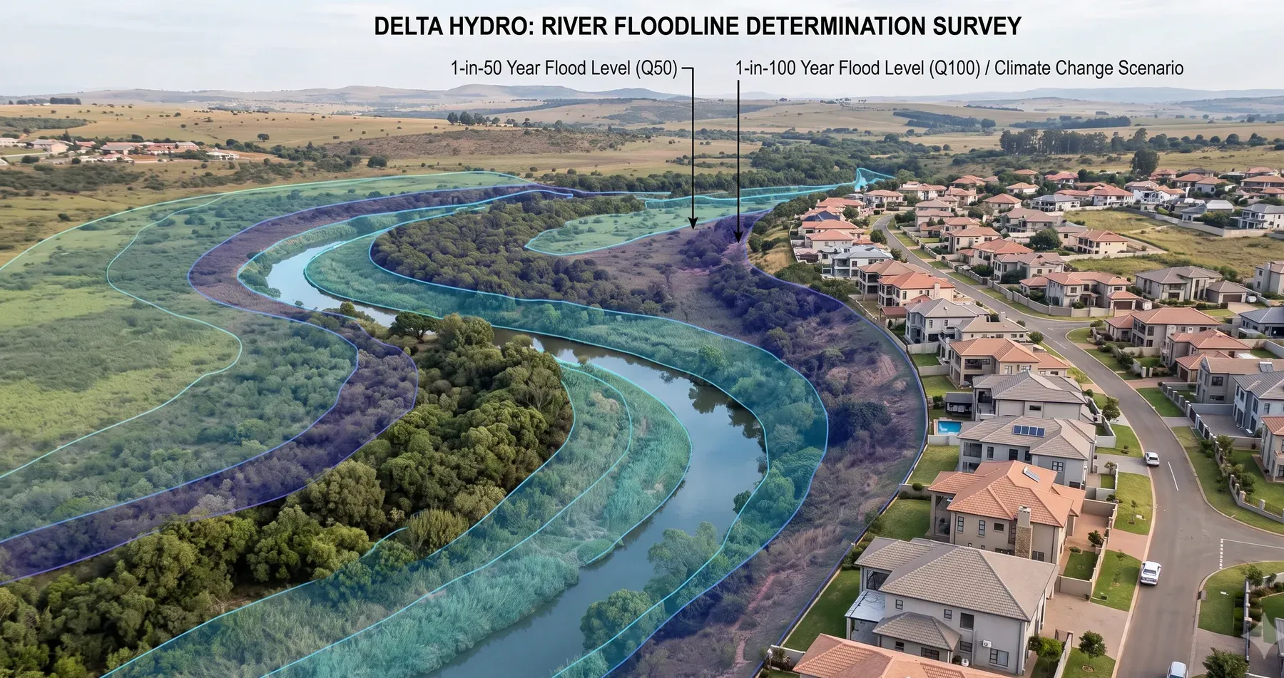 Aerial floodline determination survey showing the overlaid 1-in-50 year (Q50) and 1-in-100 year (Q100) flood extent lines against a residential development bordering a river.